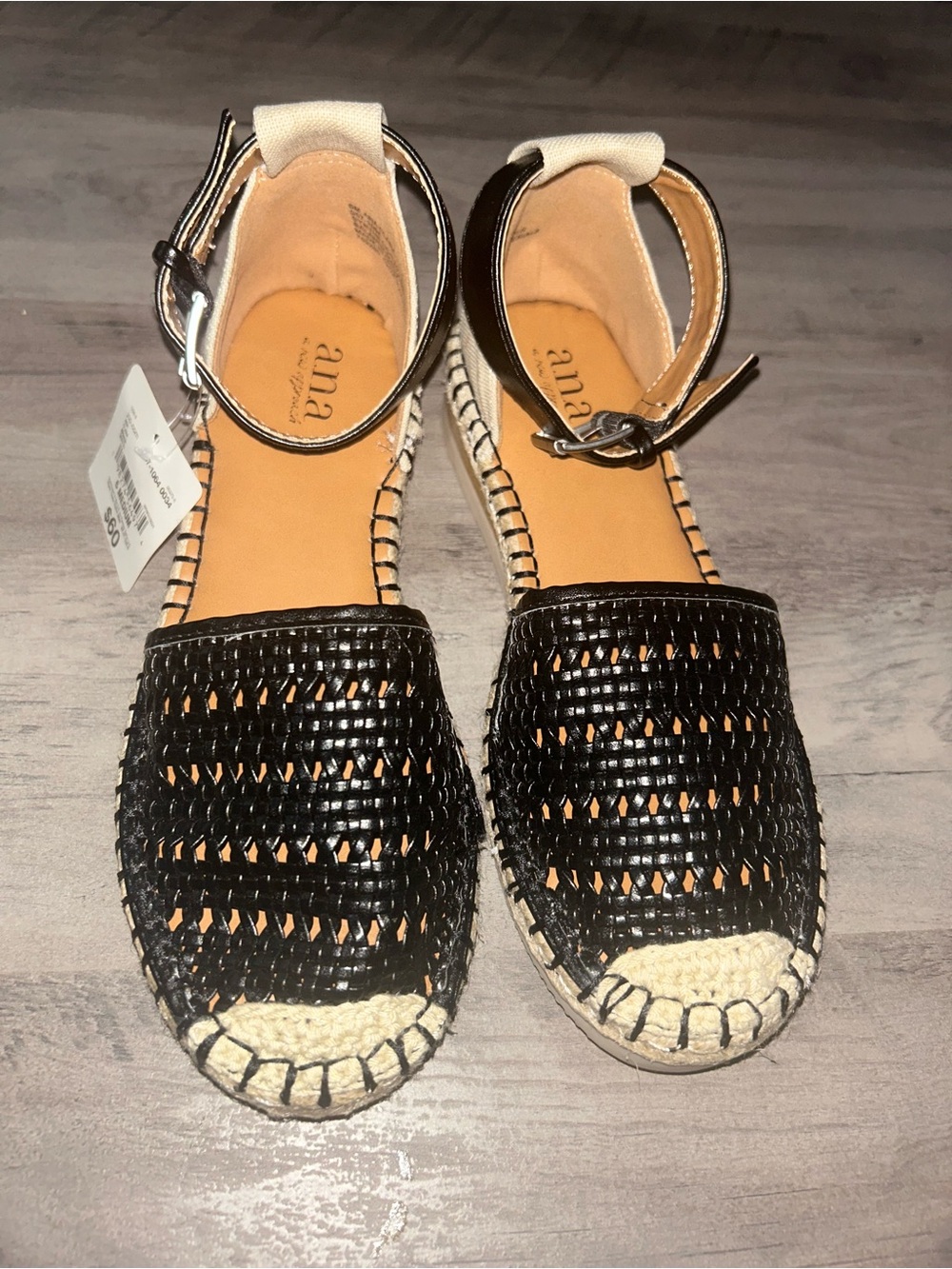 a.n.a Black Woven Espadrille Ankle-Strap Flats with Natural Jute Toe